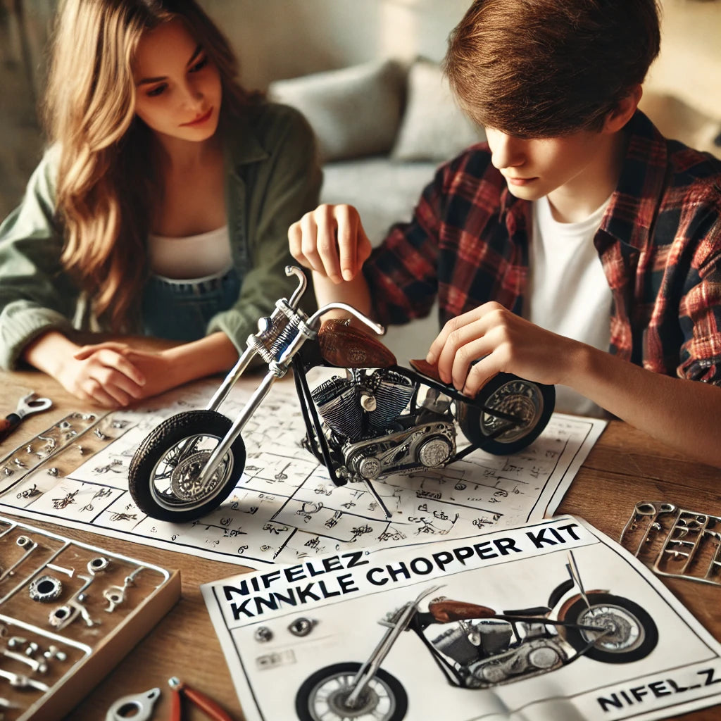 Nifeliz Knuckle Chopper Motorcycle Model Kit – Engineering Building Set with 4-Piston Working Engine | STEM Toy for Ages 12+