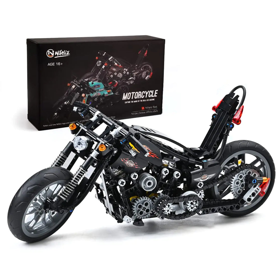 Nifeliz Knuckle Chopper Motorcycle Model Kit – Engineering Building Set with 4-Piston Working Engine | STEM Toy for Ages 12+