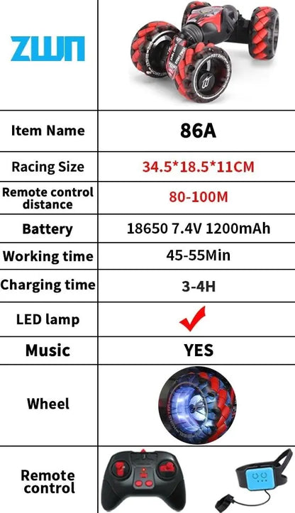 86A RC Stunt Car with Gesture Control, Music, LED Lights & Long-Lasting Battery