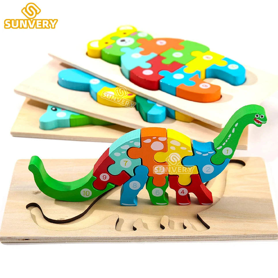 Montessori Wooden Dinosaur Puzzle – Educational 3D Jigsaw for Toddlers | Cognitive Learning & Fine Motor Skills Development