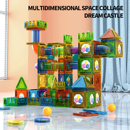 Light Magnetic Tiles Building Blocks – STEM Educational Toy for Kids | 3D Transparent Magnetic Marble Run Set